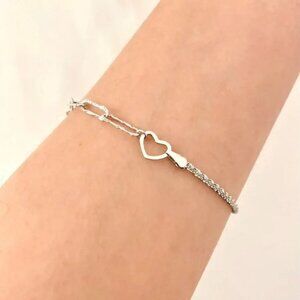 925 Sterling Silver Heart Bracelet Dainty Minimalist Layer Sequin Link Bracelet